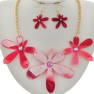 Pink Multi & Gold Tone Floral Graduating Statement Necklace & Earring Set